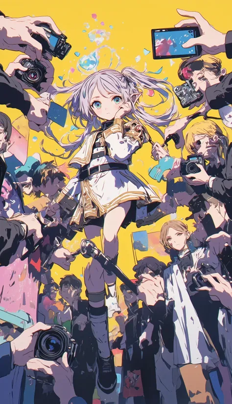 Fans with cameras surround a girl who cosplayed as Freelen at a comic convention, and while puzzled, she poses using magic for the fans、The girl looks a little puzzled、fans are looking at the girl、Freelen's Cane、 tokyo big sight、 beautiful hands、 pretty fi...