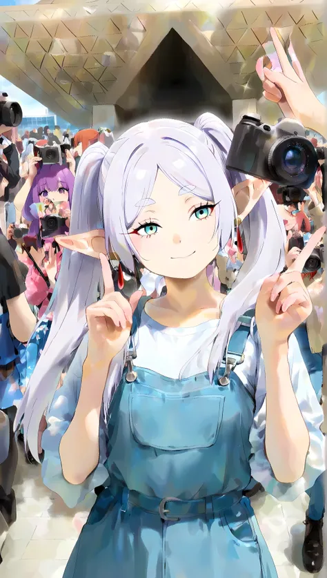 非常にdetails、amazing background、best quality、details、A girl cosplaying as Frieren at a comic book event、Fans with cameras are surrounding her、The girl is puzzled but poses as if casting a spell to fans、Fans are staring at a girl、The girl is posing as if Frie...