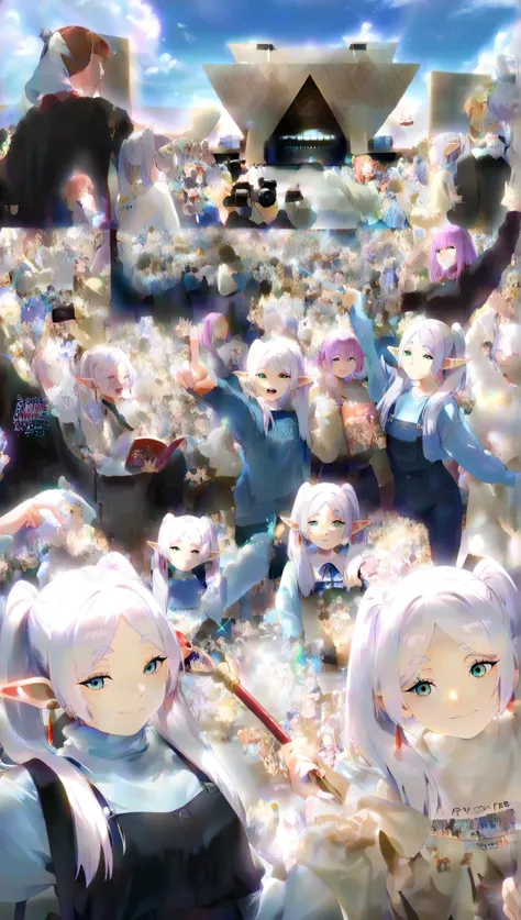 非常にdetails、amazing background、best quality、details、A girl cosplaying as Frieren at a comic book event、Fans with cameras are surrounding her、The girl is puzzled but poses as if casting a spell to fans、Fans are staring at a girl、The girl is posing as if Frie...
