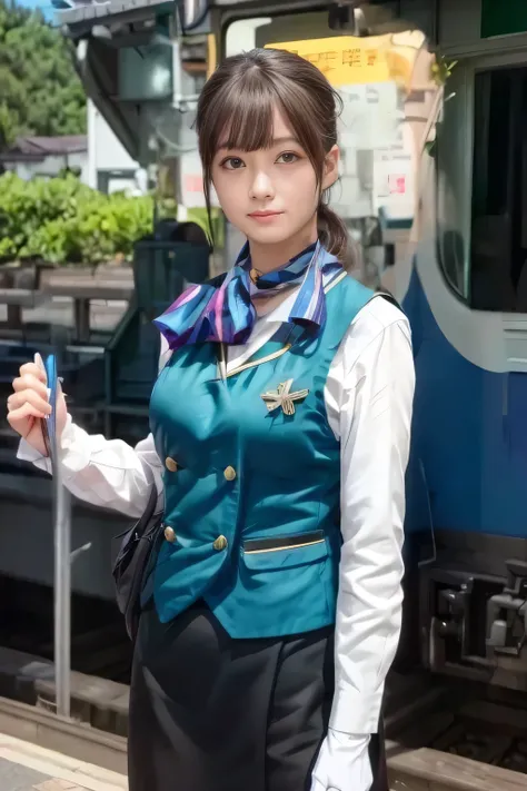 (masterpiece:1.2, Highest Quality :1.2), 32kHDR, Kampala, (alone、 1 girl on break day)、((10A woman in her late generation ))(what 、 professional light )、In-flight background、( realistic style wearing a Nankai Electric Railway crew uniform )、(( Nankai tra...