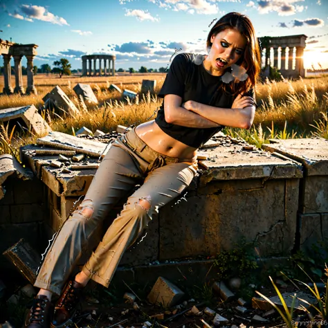 female, people, people body, people skin, hands on your stomach,  lean on , tilt your head,  sits on the ruins , black t-shirt, brown pants, brown boots, pretty face, brown hair, blue eyes, and going into the distance, fangs, it crashes, in pain, language,...