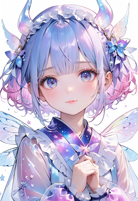 Best Details、1girl,character design sheet、Front view portrait、vtuber,(((Best Composition、Highest Quality、masterpiece、Super Detail、after being played in high definition)))、 pretty face、Baby Face、Unique, long and cute hairstyles、Milky white and blue hair col...