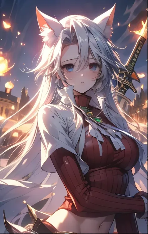 （（（ＳＦＷ、Highest quality、 first class masterpiece 、normal body 、32k、detailed face、super precise、normal hand、5 fingers、Highest）））、Atti（summon night）、Aty（summon night）、Beautiful Girl、 Silver Hair、 Beast Ears、Cat ears、 flowing hair 、beautiful breasts、slender、 s...