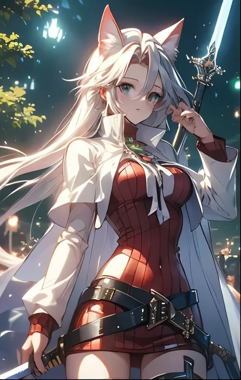 （（（ＳＦＷ、Highest quality、 first class masterpiece 、normal body 、32k、detailed face、super precise、normal hand、5 fingers、Highest）））、Atti（summon night）、Aty（summon night）、Beautiful Girl、 Silver Hair、 Beast Ears、Cat ears、 flowing hair 、beautiful breasts、slender、 s...