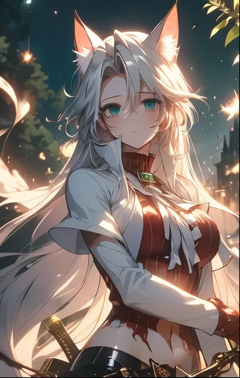 （（（ＳＦＷ、Highest quality、 first class masterpiece 、normal body 、32k、detailed face、super precise、normal hand、5 fingers、Highest）））、Atti（summon night）、Aty（summon night）、Beautiful Girl、 Silver Hair、 Beast Ears、Cat ears、 flowing hair 、beautiful breasts、slender、 s...