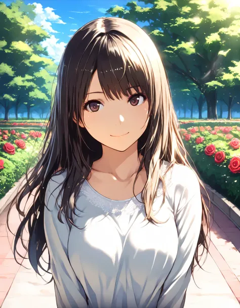 1girl, year 2016, upper body, green park, rose garden, blue sky, casual clothes, masterpiece, high score, great score, absurdres, 16k, super detail