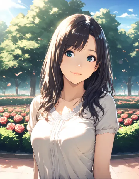 1girl, year 2016, upper body, green park, rose garden, blue sky, casual clothes, masterpiece, high score, great score, absurdres, 16k, super detail