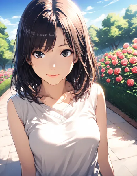 1girl, year 2016, upper body, green park, rose garden, blue sky, casual clothes, masterpiece, high score, great score, absurdres, 16k, super detail