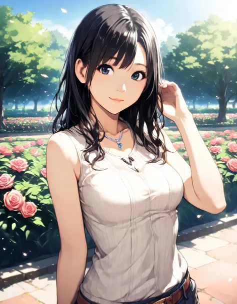 1girl, year 2016, upper body, green park, rose garden, blue sky, casual clothes, masterpiece, high score, great score, absurdres, 16k, super detail
