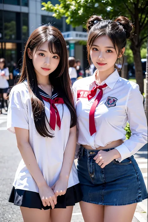 Two girls (18 years old, Japanese pretty face) are wearing high school uniforms with mini skirt on Spring sunny day.