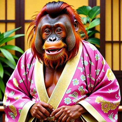 Orangutans who once lived on Earth evolved and became intelligent creatures、the greatest comedian in history、 comedian、Orangutan、Manzai costume、 charismatic 、smile、Manzai stage、spotlight、ties、wearing a pink suit、 one-man live、Legendary rakugo storyteller、庺...