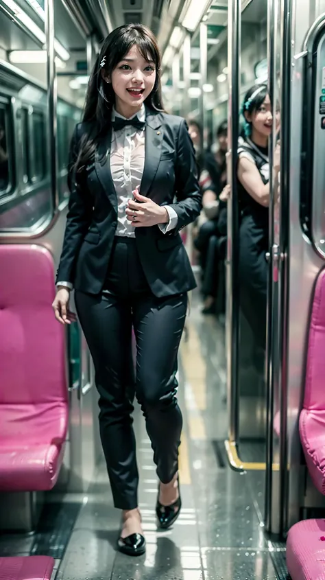 girl,inside a train full of cosplayers、Sailor Moon、Miniskapolis 、hatsune miku、Urusei Yatsura Lam-chan、Pretty girls who cosplayed Fujiko Mine are standing on the train and laughing、A male general customer in a suit watches them with a surprised expression,M...