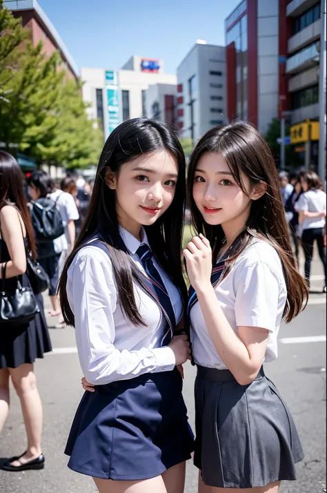 Two girls (18 years old, Japanese pretty face) are wearing high school uniforms with mini skirt on Spring sunny day.
