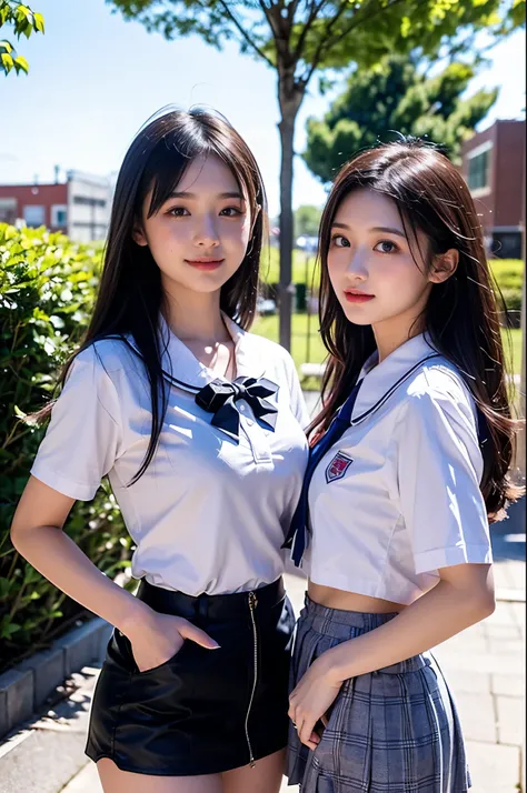 Two girls (18 years old, Japanese pretty face) are wearing high school uniforms with mini skirt on Spring sunny day.