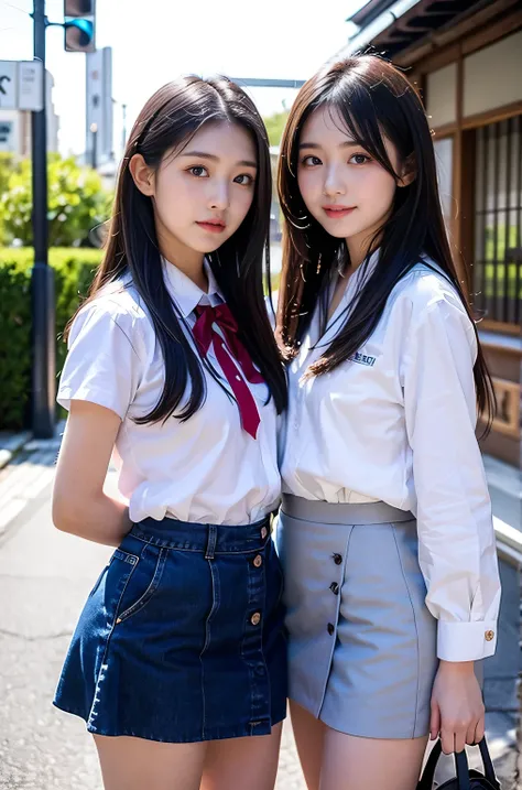 Two girls (18 years old, Japanese pretty face) are wearing high school uniforms with mini skirt on Spring sunny day.