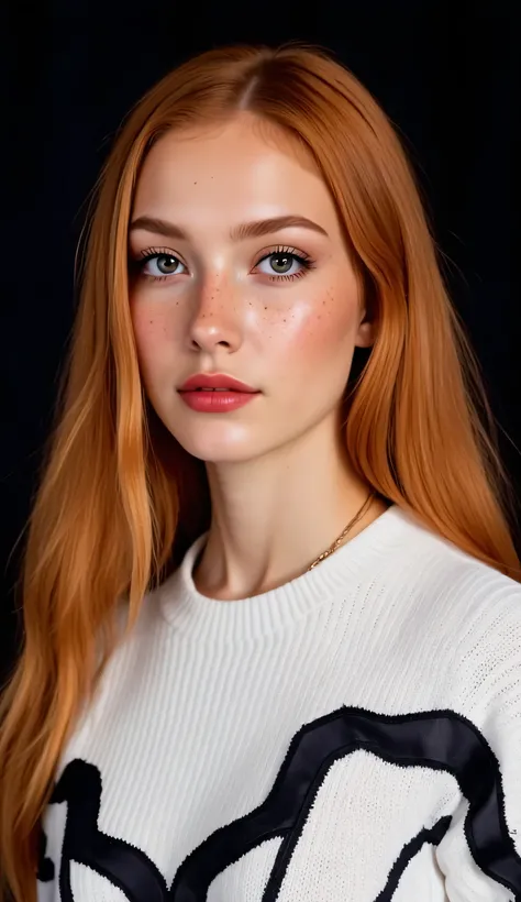 ((realism, photorealistic, life-like photograph)), beautiful French 18year supermodel, very long wavy red hair with light ginger highlights, blackout eyeshadow, red lips, freckles, white black silk pattern sweater, ((((portrait, closeup face, she has a ver...