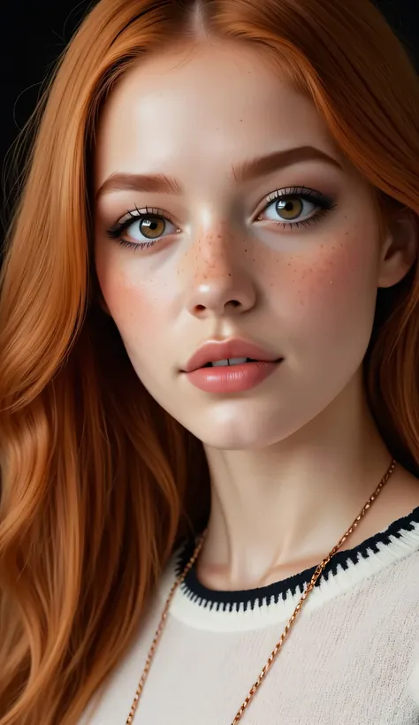 ((realism, photorealistic, life-like photograph)), beautiful French 18year supermodel, very long wavy red hair with light ginger highlights, blackout eyeshadow, red lips, freckles, white black silk pattern sweater, ((((portrait, closeup face, she has a ver...