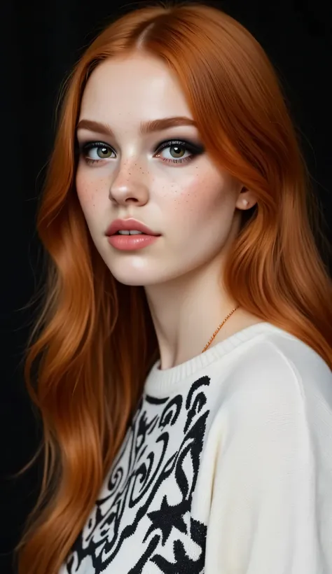 ((realism, photorealistic, life-like photograph)), beautiful French 18year supermodel, very long wavy red hair with light ginger highlights, blackout eyeshadow, red lips, freckles, white black silk pattern sweater, ((((portrait, closeup face, she has a ver...