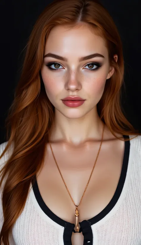 ((realism, photorealistic, life-like photograph)), beautiful French 18year supermodel, very long wavy red hair with light ginger highlights, blackout eyeshadow, red lips, freckles, white black silk pattern sweater, ((((portrait, closeup face, she has a ver...