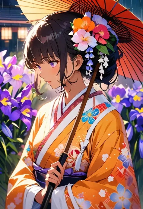 {最Low quality, Low quality}, close-up, Vivid and colorful illustration of a dark-haired female geisha character, She has a Japanese-style umbrella, A slightly larger umbrella, ((perfect hand in h:1.2)), She wears a traditional Japanese costume with irises ...