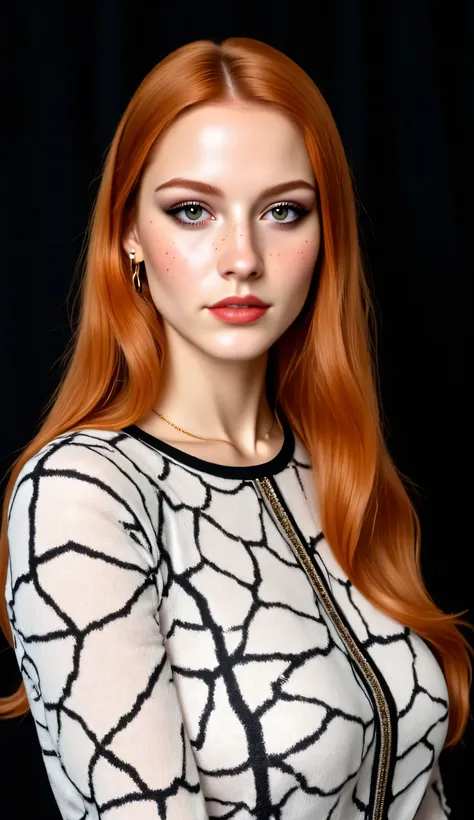 ((realism, photorealistic, life-like photograph)), beautiful French 18year supermodel, very long wavy red hair with light ginger highlights, blackout eyeshadow, red lips, freckles, white black silk pattern sweater, ((((portrait, closeup face, she has a ver...