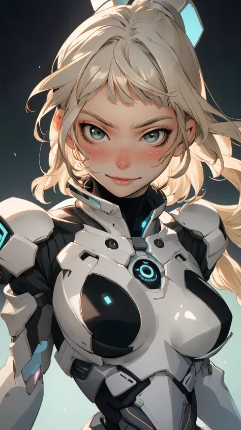 masterpiece, best quality, a beautiful woman with long shiny hair, choppy bangs, delicate face, passionate gaze, perfect smille, blush, seductive expression, tall and fit figure, perfect body, perfect skin, seductive pose, sexy Futuristic Technological Nan...