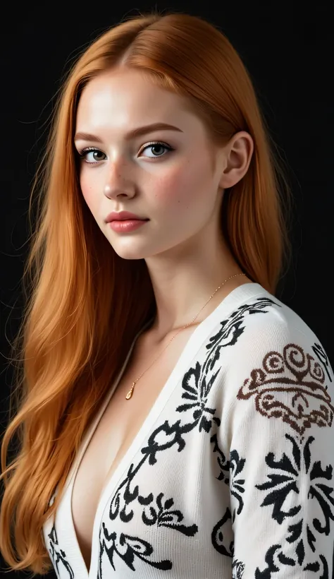 ((realism, photorealistic, life-like photograph)), beautiful French 18year supermodel, very long wavy red hair with light ginger highlights, blackout eyeshadow, red lips, freckles, white black silk pattern sweater, ((((portrait, closeup face, she has a ver...