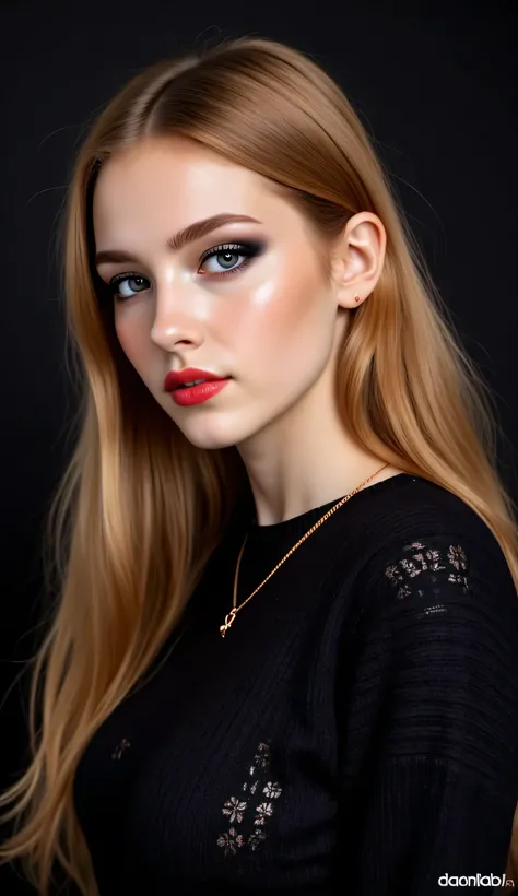 ((realism, photorealistic, life-like photograph)), beautiful French 18year supermodel, very long wavy straight blonde hair with light ginger highlights, blackout eyeshadow, red lips, blue eyes, blue black silk pattern sweater, ((((portrait, closeup face, s...