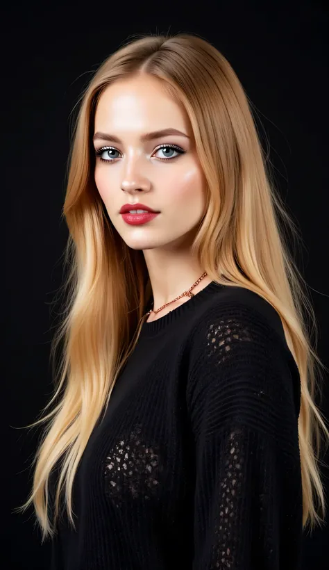 ((realism, photorealistic, life-like photograph)), beautiful French 18year supermodel, very long wavy straight blonde hair with light ginger highlights, blackout eyeshadow, red lips, blue eyes, blue black silk pattern sweater, ((((portrait, closeup face, s...