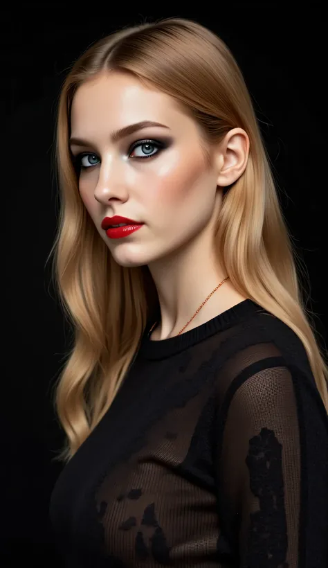 ((realism, photorealistic, life-like photograph)), beautiful French 18year supermodel, very long wavy straight blonde hair with light ginger highlights, blackout eyeshadow, red lips, blue eyes, blue black silk pattern sweater, ((((portrait, closeup face, s...