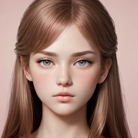 portrait photo of a beautiful Russian girl, soft doll-like face, porcelain fair skin with a gentle blush, flawless skin texture, large round hazel eyes with upward tilt, dreamy gaze, long thick lashes, soft pink lips, long silky rose gold hair with side ba...