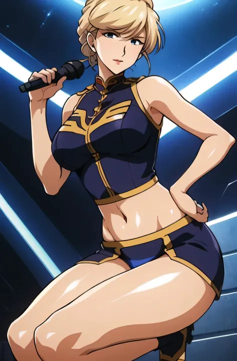 笑face，Can you draw a dress with a gold border in dark blue， gold，long hair，draw a person singing in front of a microphone，Please calculate and draw so that the face fits,even if you go out of your way to draw it, it's a pity that you have to discard it if ...