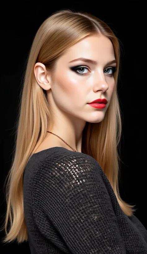 ((realism, photorealistic, life-like photograph)), beautiful French 18year supermodel, very long wavy straight blonde hair with light ginger highlights, blackout eyeshadow, red lips, blue eyes, blue black silk pattern sweater, ((((portrait, closeup face, s...