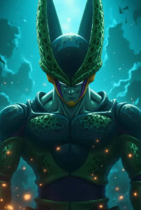 Extreme long shots, eerie horror-inspired angles – Cell’s full-body Perfect Form slowly emerges from the darkness, his bio-armored exoskeleton gleaming under the dim, flickering blue-green backlight. His piercing, glowing green eyes pierce the shadows, exu...