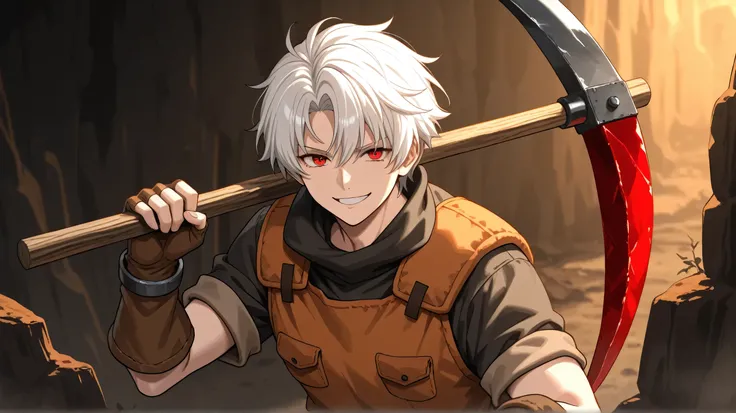 men white short hair,red eyes, miner's clothes happy face have pickaxe