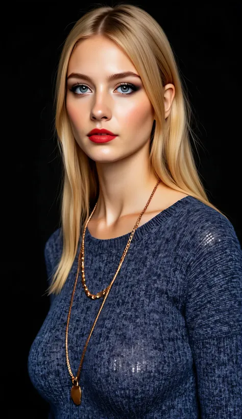 ((realism, photorealistic, life-like photograph)), beautiful French 18year supermodel, very long wavy straight blonde hair with light ginger highlights, blackout eyeshadow, red lips, blue eyes, blue black pattern sweater, ((((portrait, closeup face, she ha...