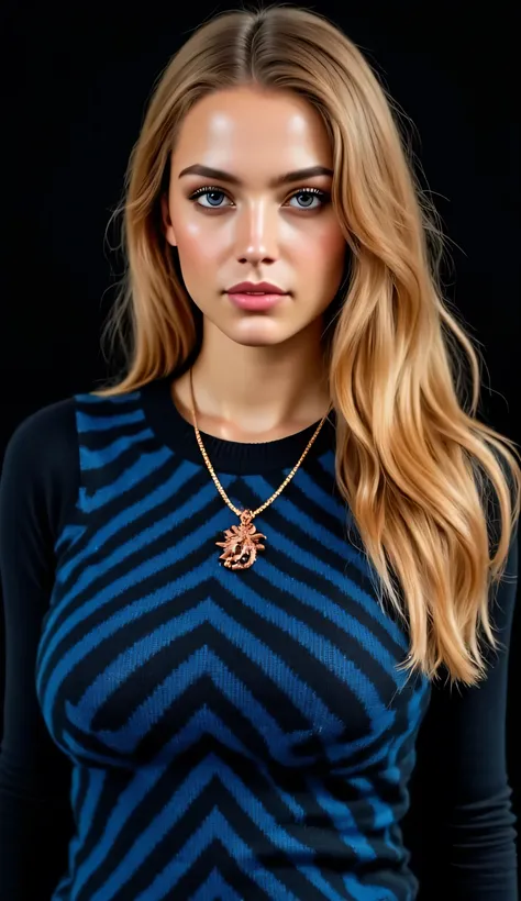 ((realism, photorealistic, life-like photograph)), beautiful French 18year supermodel, very long wavy straight blonde hair with light ginger highlights, blackout eyeshadow, red lips, blue eyes, blue black pattern sweater, ((((portrait, closeup face, she ha...