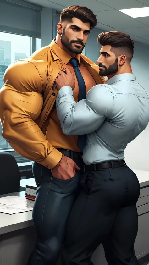 A "ROMANTIC COUPLE INDIAN JAAT BOSS" name magazine front cover page of A couple of indian big huge grunge look beared with hairy body desi jaat daddies weared front button opened formal printed shirts with perfect tie length with nice bulge in formal trous...