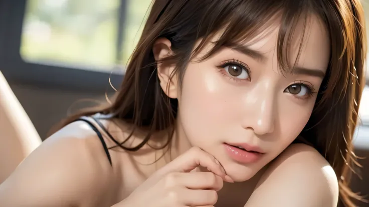 Highest Quality,8K, very detailed,  in fine detail, high resolution, 8K wallpaper, One person、ベッドの上で口を開け裸でA face that seduces menのアップ、, 、A face that seduces men、