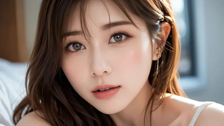 Highest Quality,8K, very detailed,  in fine detail, high resolution, 8K wallpaper, One person、Up of a Face Seducing a Man Naked by Opening Her Mouth on the Bed、, 、Face Seducing a Man by Opening Her Mouth、