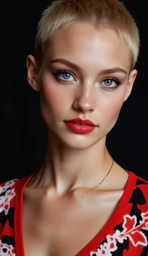 ((realism, photorealistic, life-like photograph)), beautiful French 18year supermodel, short undercut blonde hair with light ginger highlights, blackout eyeshadow, red lips, blue eyes, red black pattern sweater, ((((portrait, closeup face, she has a very d...