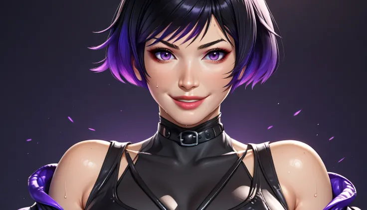 score_9, score_8_up, score_8_up,
reina mishima, reina mishima \(tekken\),reina mishima outfit \(tekken\), 1girl, solo, breasts, looking at viewer, smile, short hair, large breasts, black hair, gloves, bare shoulders, purple eyes, jacket, upper body, purple...