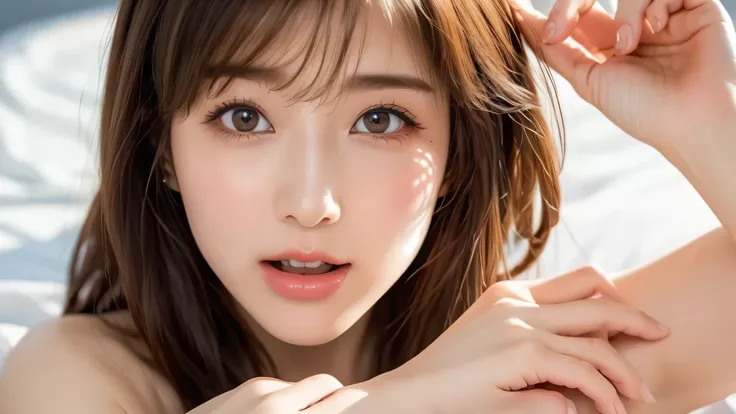 Highest Quality,8K, very detailed,  in fine detail, high resolution, 8K wallpaper, One person、Up of a Face Seducing a Man Naked by Opening Her Mouth on the Bed、, 、Open your mouth and seduce a man、