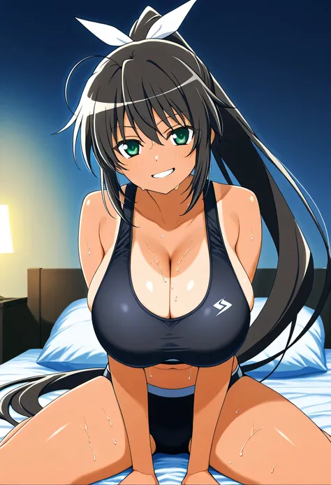score_9, score_8_  up, score_7_  up, source_anime, anime screencap,  Homura_4xl size, very long hair, black hair, green eyes, hair bow, ponytail,  popup, too big chewy , hyper breasts,sports bra, Night Bedroom, sit on the bed, spread legs, grin, grins, smi...