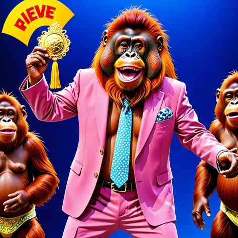 Orangutans who once lived on Earth evolved and became intelligent creatures、the greatest comedian in history、 comedian、Orangutan、Manzai costume、 charismatic 、smile、Manzai stage、spotlight、ties、wearing a pink suit、 one-man live、Received the first prize at th...