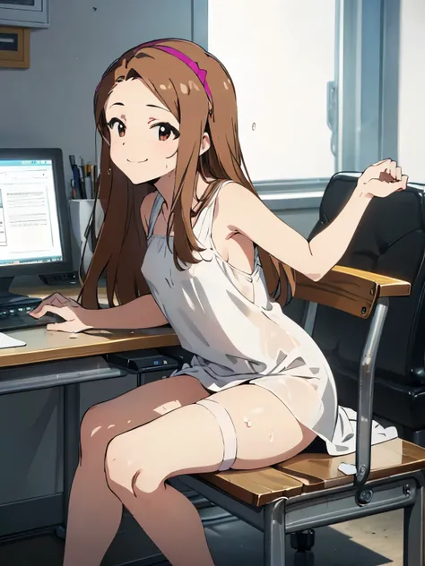 sleeveless,armpits,wet skin, Smile,8k, A masterpiece of softcore pornography shot by Kishin Shinoyama, Highest Quality,is big, RAW Photo, (Ultra-thin contour line), (1 girl on break day), Iori Minase, The Idolmaster, dark brown eyes, Highlight Eye, dark br...