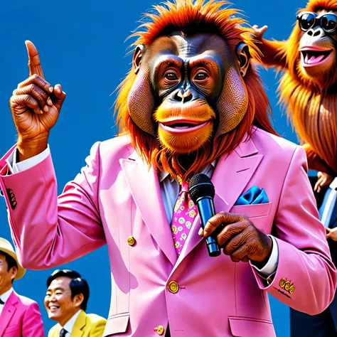 Orangutans who once lived on Earth evolved and became intelligent creatures、the greatest comedian in history、 comedian、Orangutan、Manzai costume、 charismatic 、smile、Manzai stage、spotlight、ties、wearing a pink suit、 one-man live、Received the first prize at th...