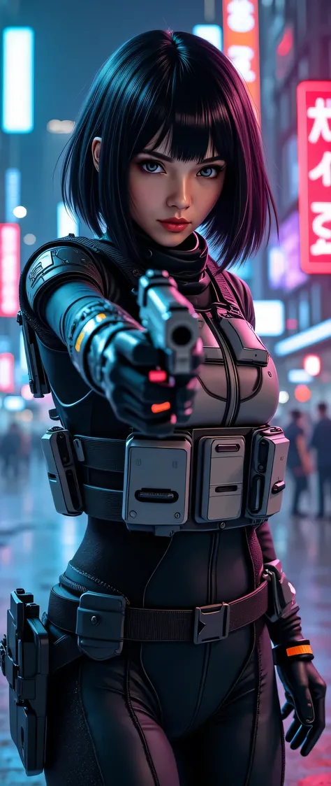 in high-definition images、(masterpiece、 exceptional quality 、Like a mirror、 cinematic experience 、very detailed、)、8k、wallpaper、(Best Illustrations:2.0)、(one woman:2.0)、(Motoko Kusanagi:2.0)、(a world view like Ghost in the Shell:2.0)、(black tactical bodysu...