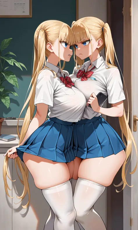 score_9,score_8_up,score_7_up,score_6_up,score_5_up,score_4_up,(source_anime),2girl identical,solo,long hair,breasts,looking her phone, blue eyes,skirt,blonde hair,shirt,thighhighs,twintails,very long hair,school uniform,thighs,pleated skirt,fang,huge brea...