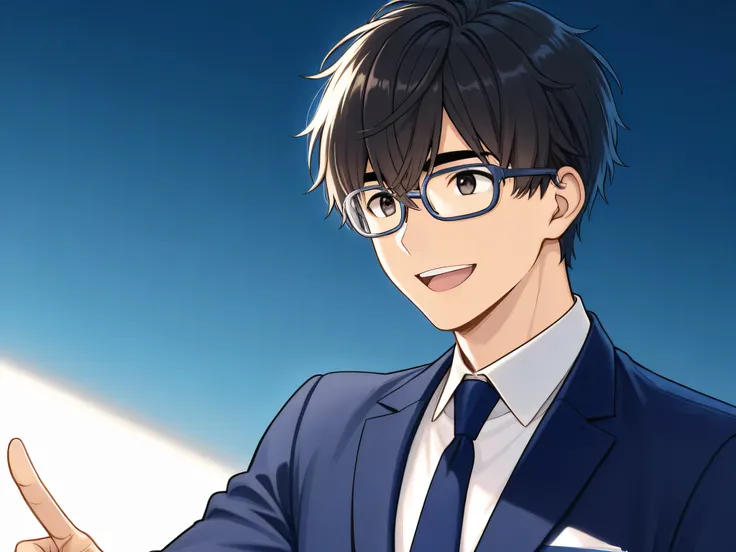 A digital anime-style illustration of a young man with short, dark brown or black hair, wearing clear-framed rectangular glasses, a white collared shirt, a dark blue tie, and a dark navy blue suit jacket. He is smiling with his mouth slightly open, reveali...